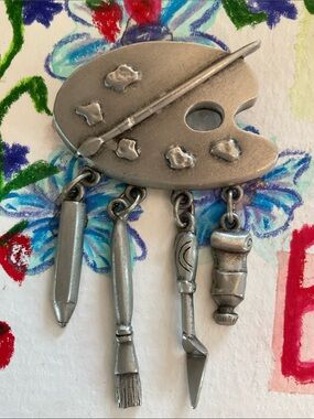 Jj Signed Vintage Artist Palette Charm Brooch Silver Tone